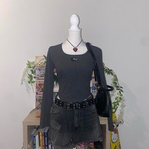 2000s cyber y2k long sleeve crop top w/ bedazzled rhinestone center piece logo